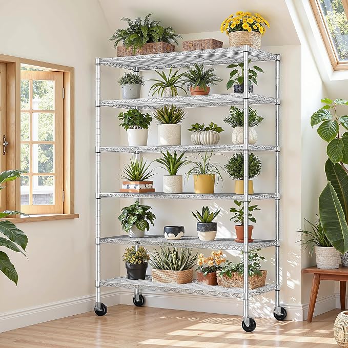 Romorgniz 82" H X45 W X18 D Storage Shelves with Wheels, 6 Tier Wire Shelving Adjustable Metal Shelving Pantry Shelves Capacity 1200LBS for Garage Shelving, Pantry, Kitchen, Commercial, Chrome，2P