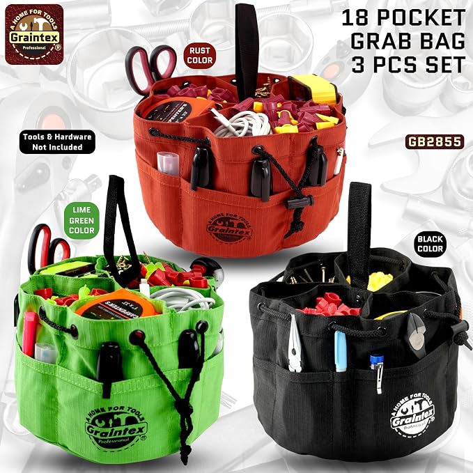 Graintex 18 Pocket Grab Bags Set of 3 Pcs Rip-Stop Canvas, Drawstring Closure, Small Parts Organizer Bag, Small Tools, Screws, Parts, Parachute Tool Bag, Parachute Tool Organizer for Essential Items