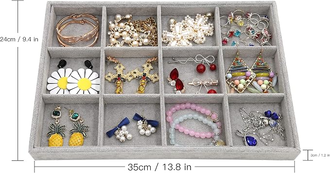 Stratalife 12 Grid Jewelry Organizer Tray, Stackable Drawer Earring Organizer with Adjustable Dividers, Jewelry Display Tray for Necklace Earring Ring Bracelet, 13.8" x 9.4" x 1.2", Grey