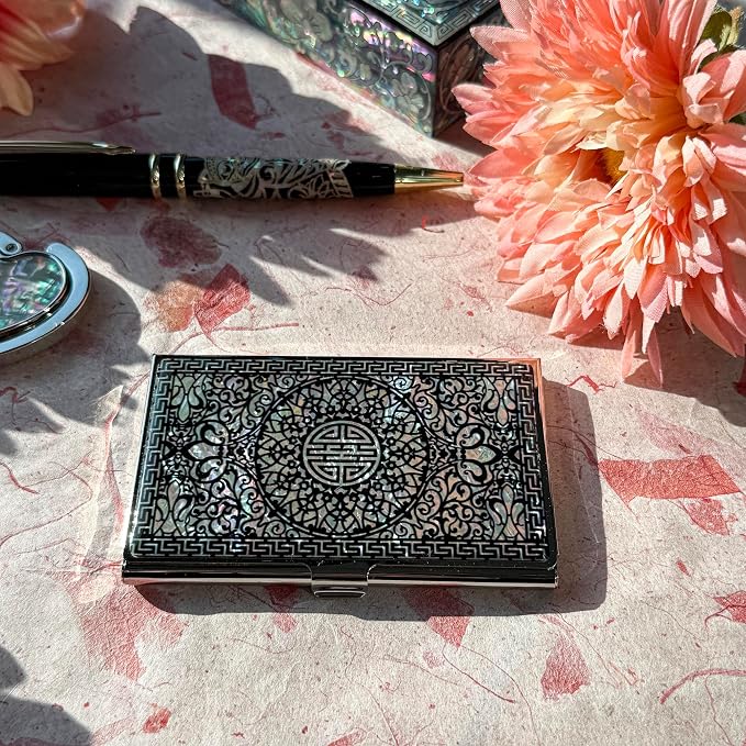Mother of Pearl Business Card Case Credit Id Name Holder Travel Wallet Art Painting Design Metal Stainless Steel Engraved Slim Purse Pocket Cash Money Wallet (N-Pattern)