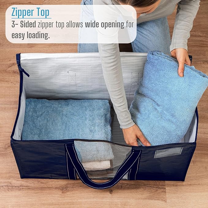 VENO 2 Pack Moving Bags with Clear Window, Heavy Duty Storage Bins with Lid, Around Handles, Tag, Zippers, Extra Large Totes Packing Moving Boxes Supplies for College Dorm Clothes (Blue, 2 Packs)