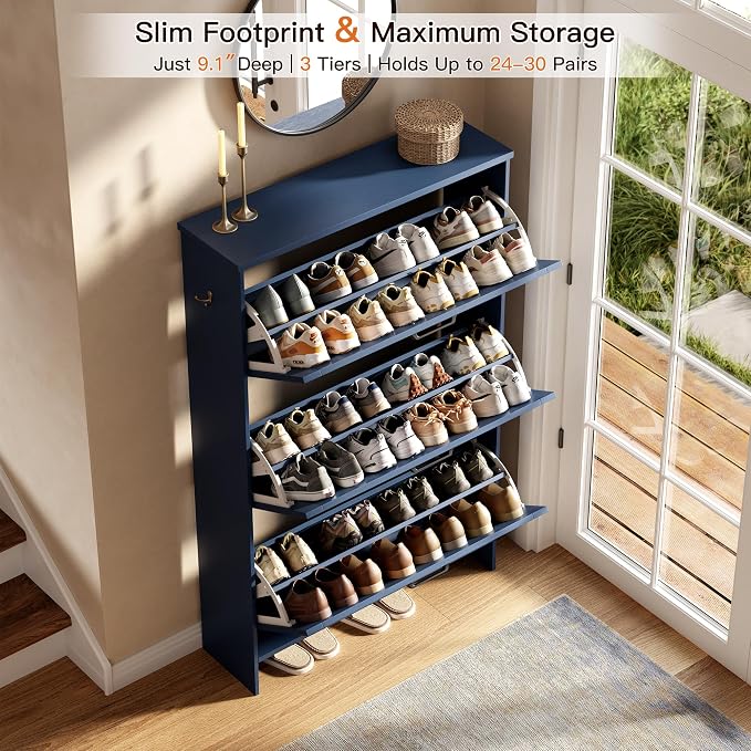 Nicetree Shoe Cabinet for Entryway, 3 Flip Drawers Shoe Storage Cabinet with 3-Tier Adjustable Shelves, Ultra Slim Freestanding Hidden Shoe Organizer with Barn Door Design, Navy Blue