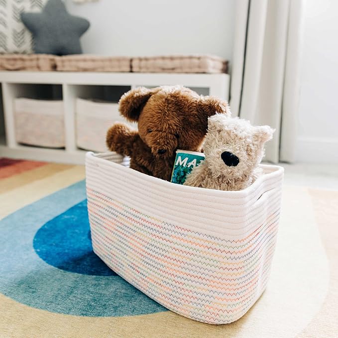 OrganiHaus Rainbow Stitches Cotton Rope Baskets for Shelves, Set of 3 - 15"×10"×9½" - Colorful Storage Baskets for Kids - Nursery, Playroom, Classroom - Toy Storage, Books, Towels