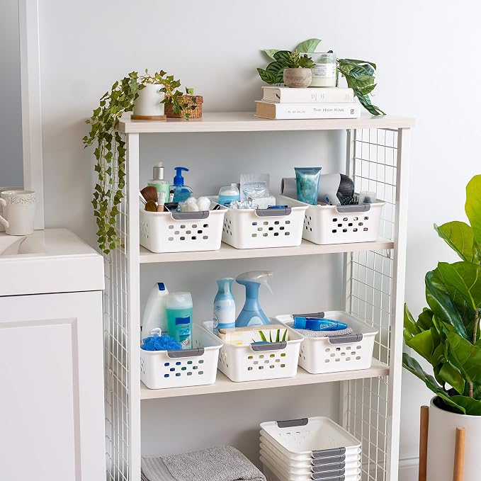 IRIS USA 8-Pack, Small Plastic Storage Basket, White | Organize pantry items, office supplies, crafts, accessories, and household essentials with easy-carry storage for shelves