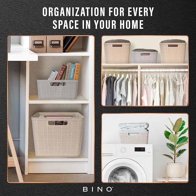 BINO | Woven Plastic Basket | Small (Natural Grey), 4-Pack | THE JUTE COLLECTION | Home Organization, Space - Saving Storage, Stylish Design | Jute Basket | Plastic Storage Basket