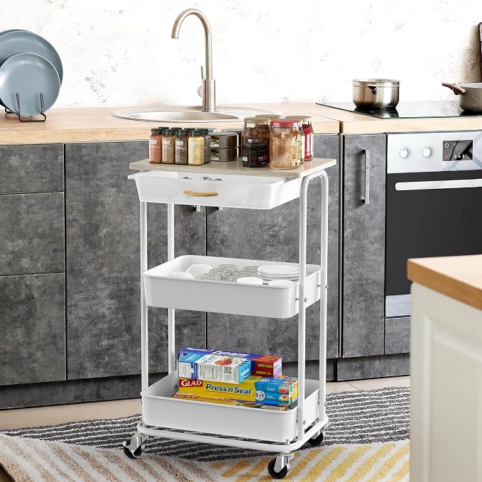 Simple Houseware 3-Tier Rolling Utility Cart with Drawer & Wood Top, Maple | Mobile Sofa Side Table, Nightstand, Slim Storage Organizer Trolley for Bedroom, Bathroom, Office & Art Supplies