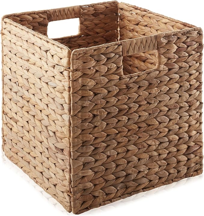 Casafield 12" x 12" Hyacinth Storage Baskets, Cinnamon - Set of 2 Storage Organizers, Woven Wicker Cubes for Bathroom, Bedroom, Laundry, Shelves