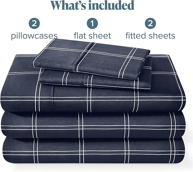Bare Home Split King Sheet Set - 1800 Ultra-Soft Microfiber Bed Sheets - Double Brushed - Deep Pockets - Easy Fit - 5 Piece Set (Split King, Modern Plaid - Midnight/White)