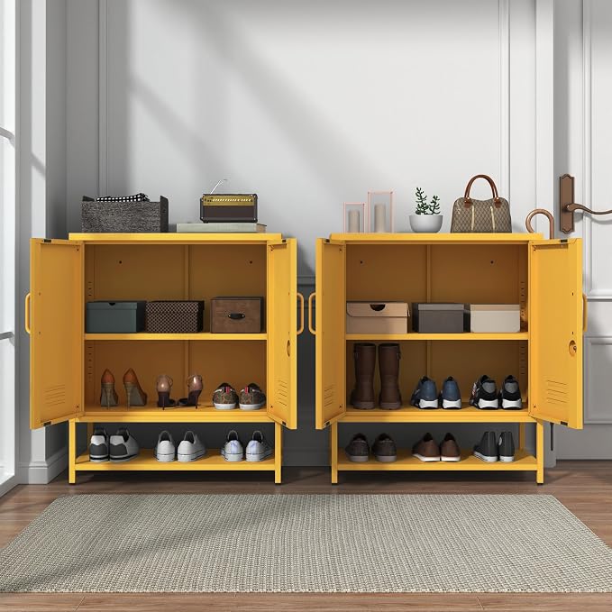 Yellow Lockable Metal Shoe Cabinet, Freestanding Accent Storage Cabinet with Adjustable Shelves, Multipurpose Storage Rack for Hallway Entryway Living Room 33" H X 29.5" W X 13.8" D