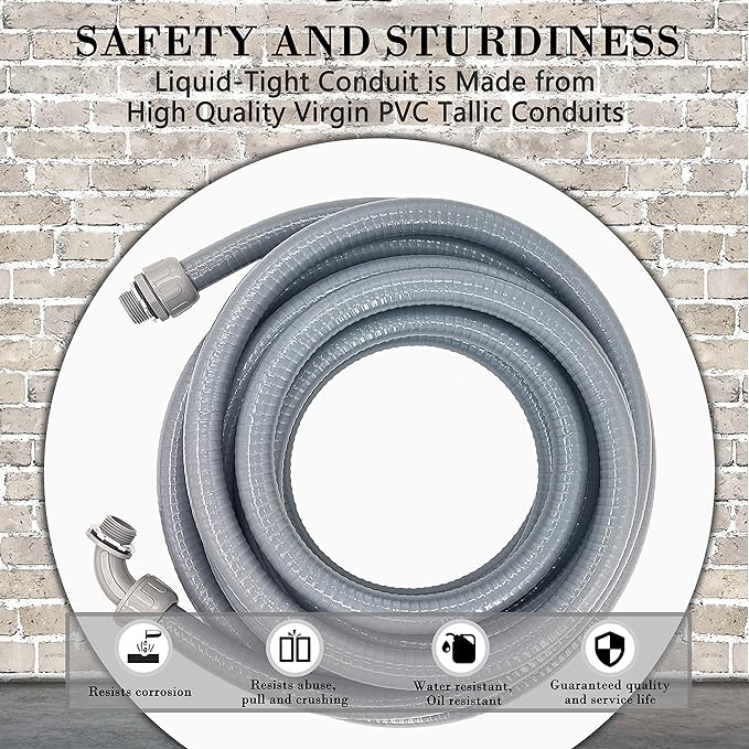 Liquid-Tight Conduit - 3/4inch 25 Foot Flexible Non Metallic Liquid Tight Electrical Conduit Kit, With 4 Straight and 3 90-Degree Conduit Connector Fittings.3/4" Dia