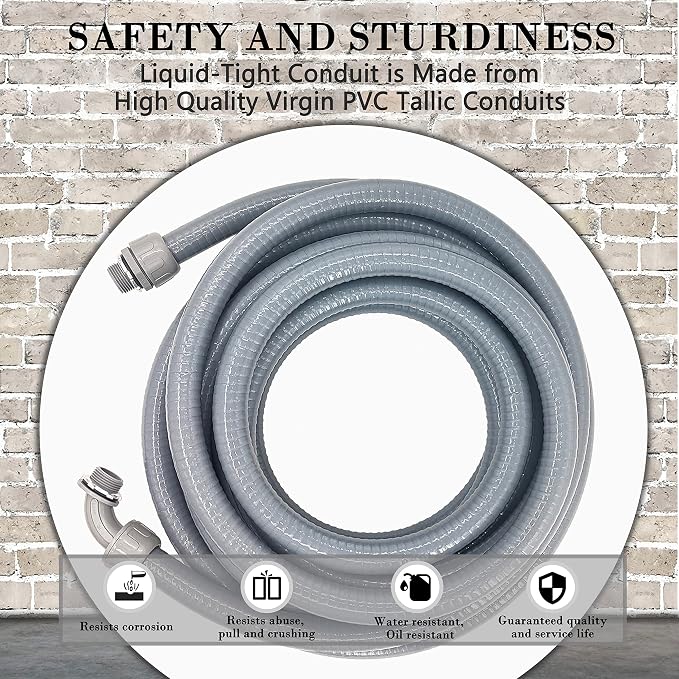 Liquid-Tight Conduit - 1/2inch 25 Foot Flexible Non Metallic Liquid Tight Electrical Conduit Kit, With 4 Straight and 3 90-Degree Conduit Connector Fittings.1/2" Dia