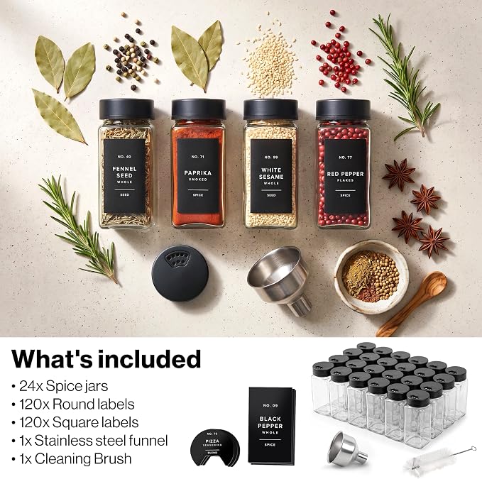 EDELHAUS Glass Spice Jars with Label and Black Sprinkle Lids (24 x 4oz) | Airtight Lids keep spices fresh, Kitchen Spice Drawer Organizer, 4oz Seasoning Containers incl. Funnel, Brush & 240 Labels