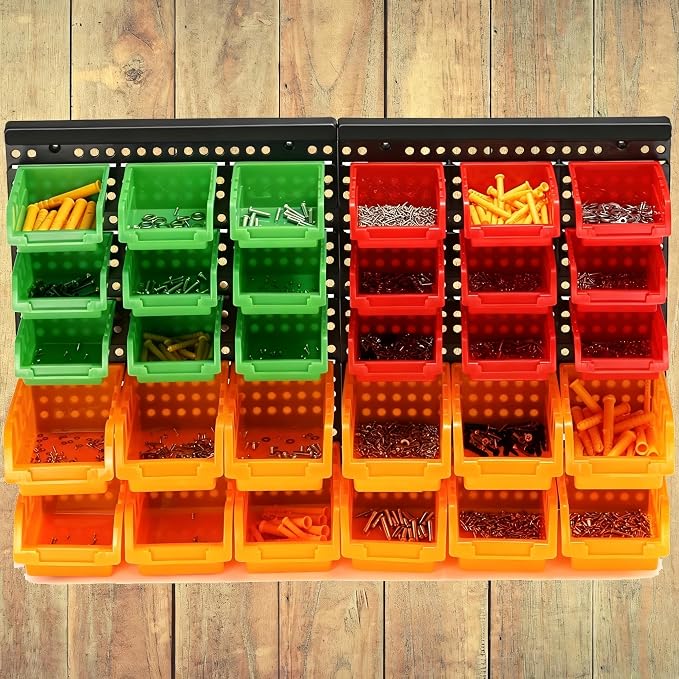 30-Bin Wall Mounted Storage Bins Kit, Tool Organizer Rack, Garage Hardware Organizer, Parts Storage Bins, DIY Combination 4 Set (Red & Green & Orange Type)