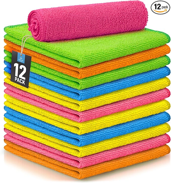 Zulay 12 Pack Microfiber Cleaning Cloths - 12x12 Inch Ultra Absorbent Cleaning Rags for House Washable - Lint Free Microfiber Cloth Kitchen Rags for Cleaning Cars, Windows, Countertops, & More