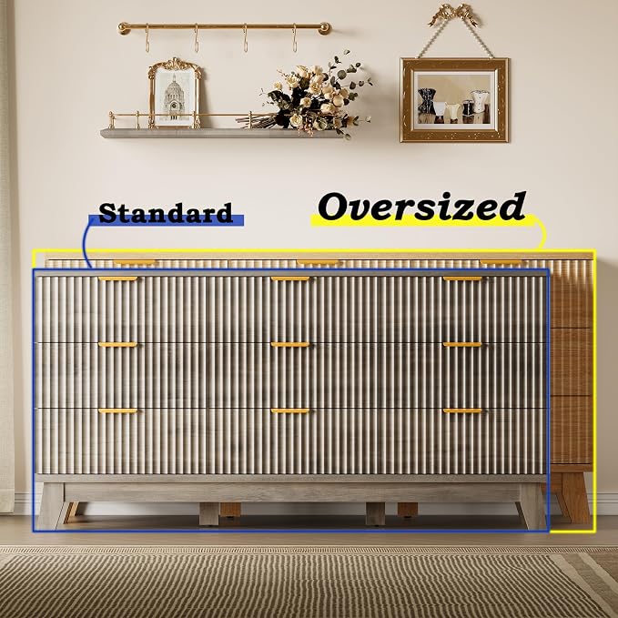 BORNOON Fluted 9 Drawer Dresser, 57.1" Wide Modern Boho Chest of Drawers, Wooden Storage Dresser TV Stand for Bedroom, Living Room, Closet, Hallway, Curved Profile Design
