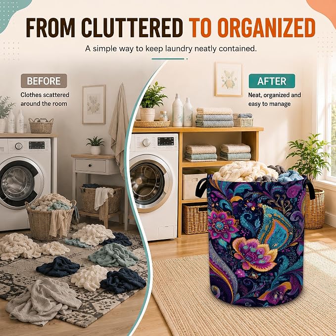 Mandala Paisley Flower Laundry Basket with Handles,Vintage Boho Foldable Oxford Laundry Hamper,Collapsible Clothes Storage Basket for Laundry Room/Bathroom/Bedroom/Dormitories 20.8 x 16 Inches