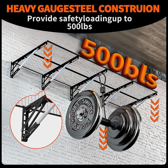 Heavy Duty Foldable Garage Storage Shelves Wall Mounted Metal Rack Unit Organizer with Removable Edge Barriers, Adjustable System for Corner Wall Use, 69.96 Inch Long 24.45 Inch Large