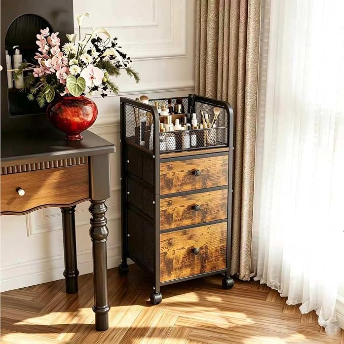 Rolling Makeup Vanity Cart, Makeup Organizer with Drawers, Rolling Makeup Bathroom Storage Cart, Cosmetic Vanity Display Cases Holder for Nail Polish Brush Hair Tool (Black)