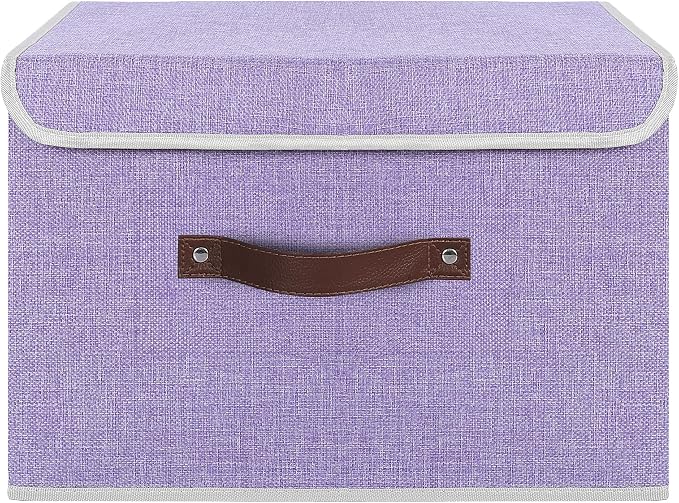 ANMINY 2PCS Storage Bin with Lid Storage Boxes with PU Leather Handles PP Plastic Board Decorative Foldable Lidded Cotton Linen Fabric Home Cubes Baskets Closet Organizer Container - Purple, Medium