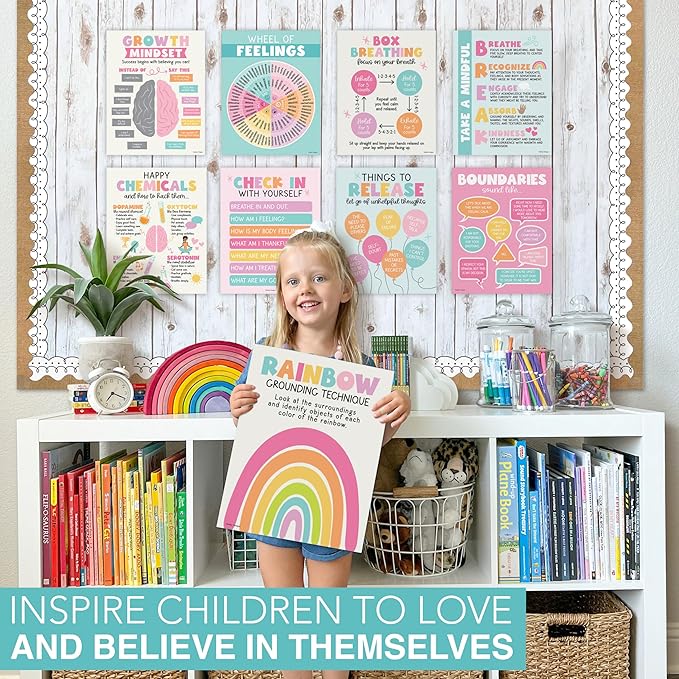 Hadley Designs 9 Mental Health Posters for Classroom - School Counselor Office Must Haves, Mental Health Therapy Office Decor, Growth Mindset Posters, Wheel of Feelings Chart, Pastel Classroom Decor