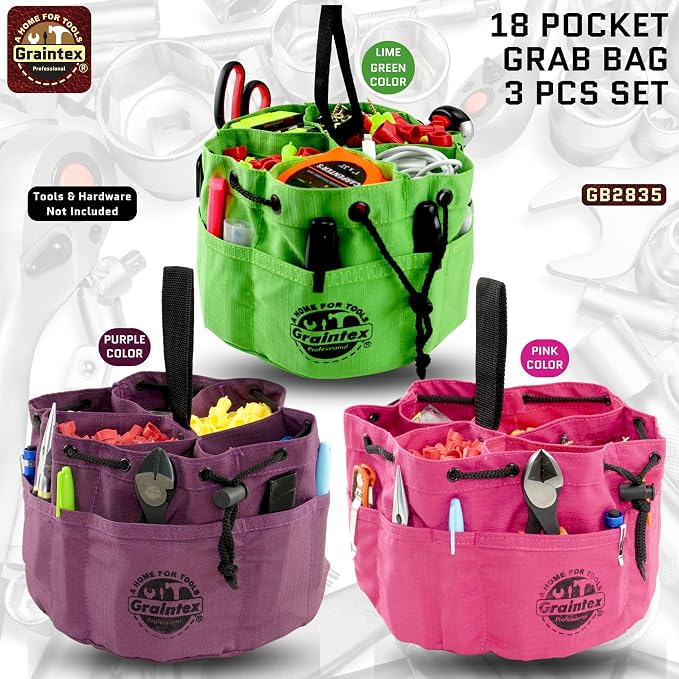 Graintex 18 Pocket Grab Bags Set of 3 Pcs Rip-Stop Canvas, Drawstring Closure, Small Parts Organizer Bag, Small Tools, Screws, Parts, Parachute Tool Bag, Parachute Tool Organizer for Essential Items
