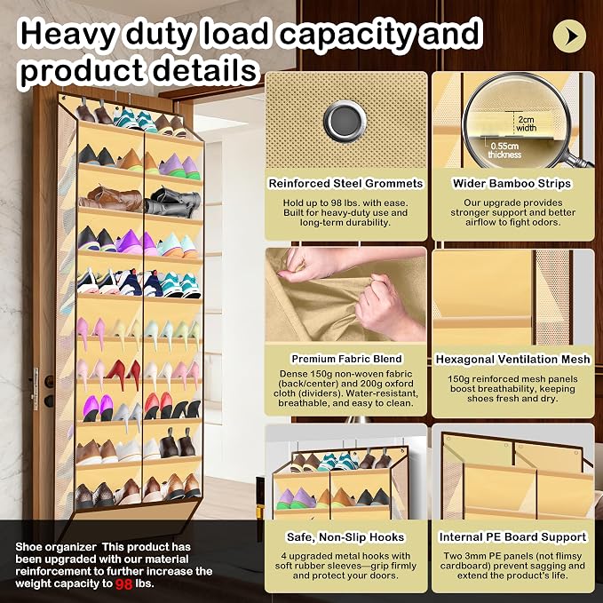 Kotkn 10-Tier Over the Door Shoe Organizer, 20 Pockets Holds 20-30 Pairs, Heavy-Duty Oxford Fabric with Hexagon Mesh for Boots & Sneakers, Beige