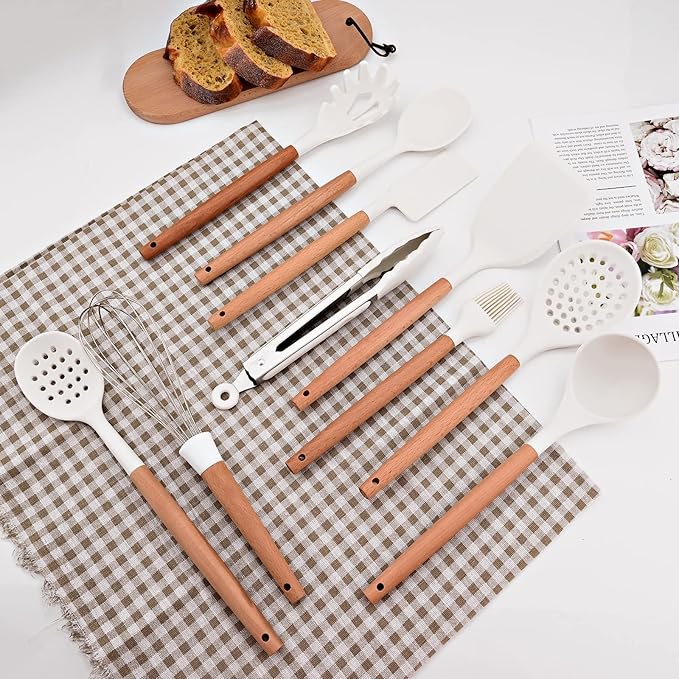 11pcs Silicone Cooking Utensils Spatula Set with Wooden Handle, White Kitchen Gadgets Set for Nonstick Cookware, Include Holder Storage Bucket.