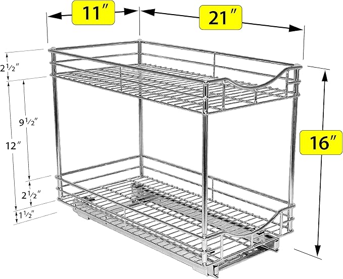 LYNK PROFESSIONAL® Pull Out Cabinet Organizer - 11" x 21" - Slide Out Cabinet Organizer for Kitchens - Sliding Shelves - Pull Out Drawer, Pots and Pans Storage - Lifetime Ltd Warranty - 2 Tier