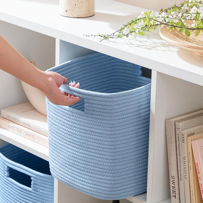 UBBCARE Storage Cubes 11 Inch, Cotton Rope Woven Baskets for Organizing, Cube Storage Bin for Baby Nursery, 4-Pack Square Toy Storage Baskets for Shleves Organizer, Closet, Kidsroom, Blue
