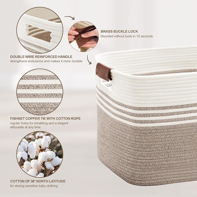 60L Woven Laundry Basket Hamper with Leather Handles,Brown | 21"x15"x11", collapsible wicker hamper, storage for dirty clothes, toys, blankets, gifts, living room, bedroom, bathroom