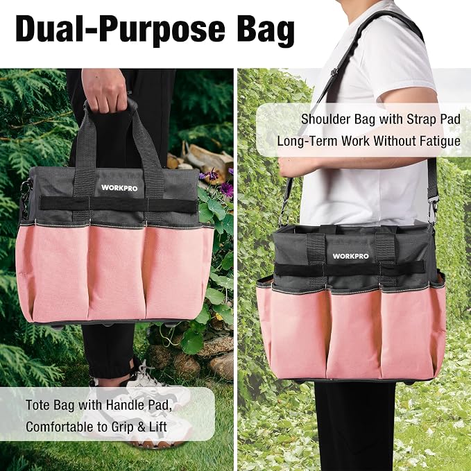 WORKPRO Garden Tool Bag, 10 Pockets and Shoulder Strap, Pink | Heavy Duty Gardening Organizer Tote Bag Standable Garden Home Tool Kits Organizer (Tools are not Included)