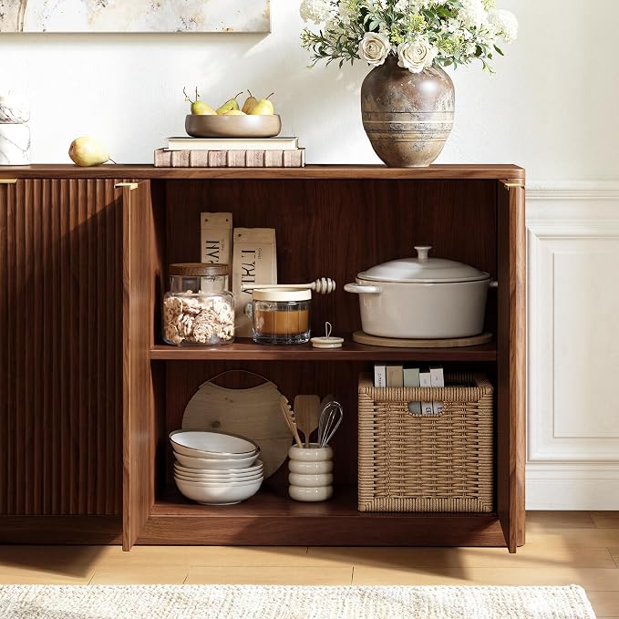 Evermagin 94.5" Fluted Walnut Buffet Cabinet with Storage | Mid-century modern wood sideboard, large credenza with 6 doors for kitchen or living room, 94.5"W x 31.5"H x 15.7"D