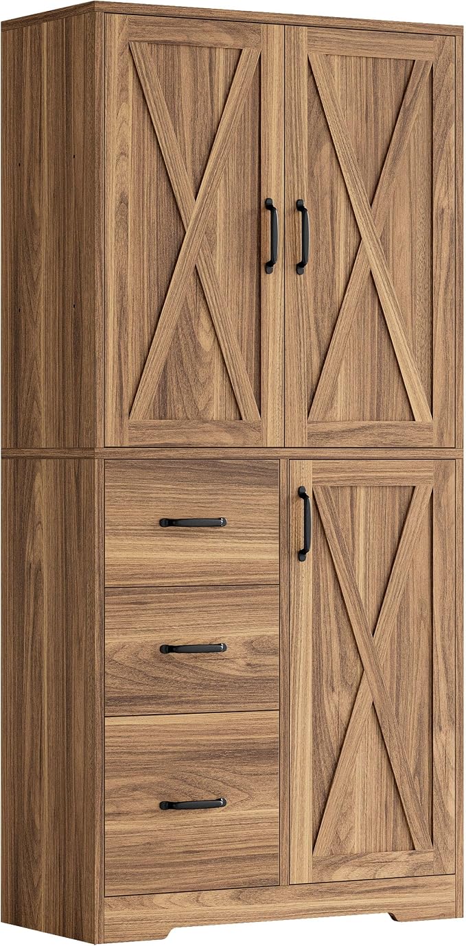 IRONCK Pantry Cabinet, 67.5 inch Tall Storage Cabinet with 3 Doors & Drawers, Farmhouse Kitchen Cabinet with Adjustable Shelves, 5 Tier Freestanding Cupboard for Kitchen, Oak Brown