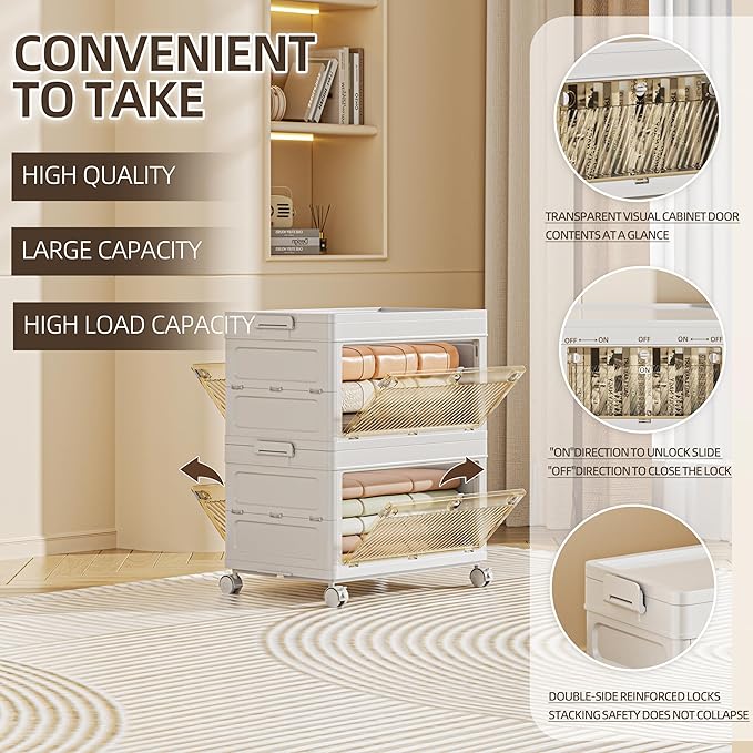 88 QT / 22 Gal Multi-Purpose Foldable Storage Cabinet - Transparent Dual Doors with 3-Stage Locking System, Heavy Duty Wheels, Simple Pull-to-Open Mechanism for Home/Office/Garage Organization