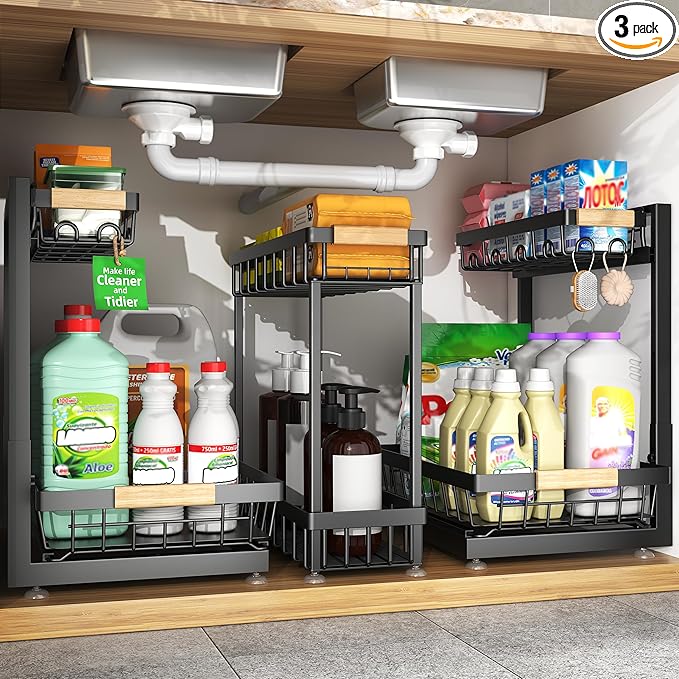 Sevenblue 3 Pack Under Sink Organizer, Height Adjustable 2 Tier Pull-Out Metal Under Kitchen Sink Organizer, Multi-Purpose Storage Shelves for Kitchen Bathroom Cabinet (Black)