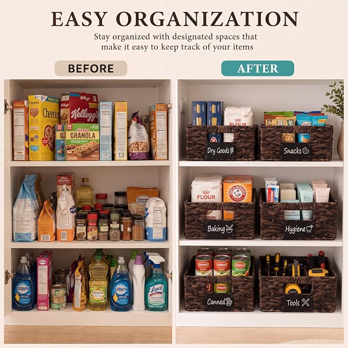 Nitial Wicker Storage Basket, Rectangular Water Hyacinth Storage Basket for Shelving, Foldable Woven Pantry Organizer with Chalkboard Label and Chalk Marker(12 x 9 x 5 Inch,Dark Brown)