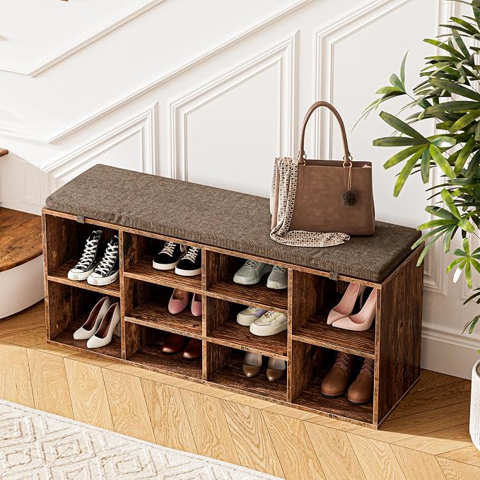 41" Shoe Storage Bench with Cushion, Entryway Shoe Rack with 10 Cubbies, Multifunctional Shoe Organizer Bench for Hallway, Bedroom, Living Room, Brown