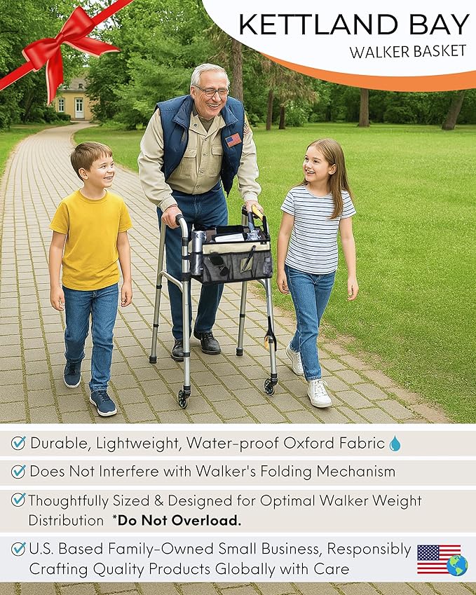 Walker Basket for Folding Walker with Flip-Down Walker Tray | Handy Cane/Reacher Strap & Cup Holder | Walker Bags for Folding Walker with Wheels, Organizer for Walker Accessories for Walker Caddy-SAND