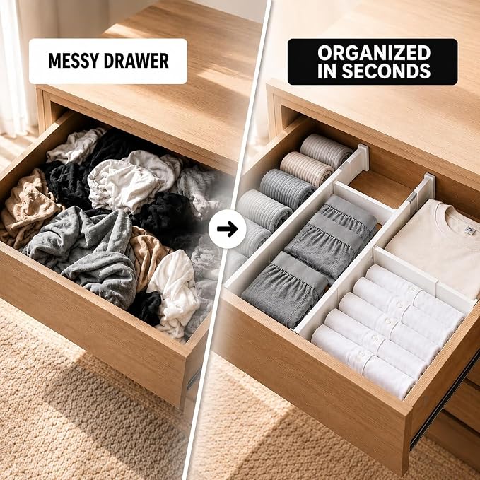 Adjustable Drawer Dividers, 1 Pack, Expandable 14.7–21” Drawer Divider Organizer with Non-Slip Ends for Kitchen, Dresser, Closet & Bathroom