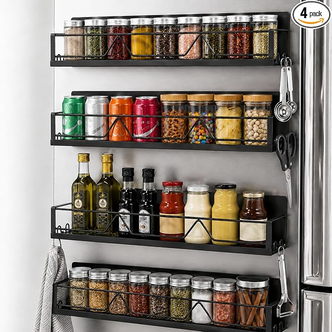 Magnetic Spice Rack for Refrigerator & Oven, 4 Pack XL Heavy Duty Magnetic Shelf for Fridge with Hooks, No Drill Rust Proof Shelves for Washer and Dryer, Sleek fridge magnet organizer