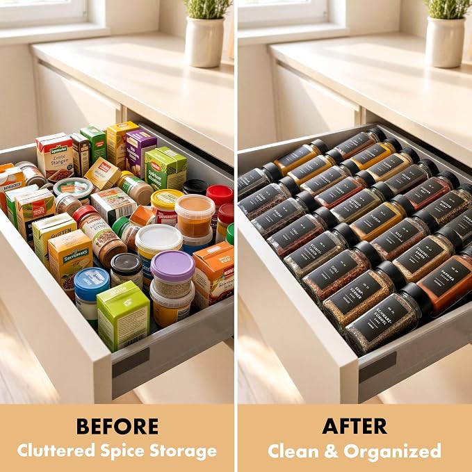 EDELHAUS Glass Spice Jars with Label, 24x Black Bamboo Wooden Lids | Airtight Lids keep spices fresh, Kitchen Spice Drawer Organizer, 4oz Seasoning Containers incl. Funnel, Brush & 240 Labels