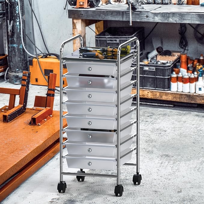 Simple Houseware 8 Drawers Rolling Utility Cart Art Craft Storage, Chrome | 1-Column, 30.25" Height, Lockable Wheels, for School, Office, Art Craft, and Paper Storage