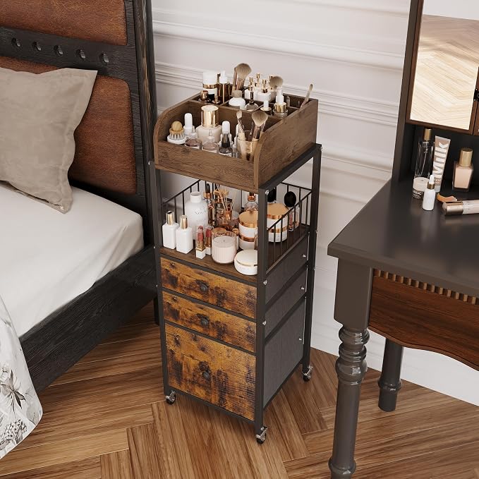 Makeup Organizer Cart with Drawers, Make up Organizers for Vanity, Floor Skincare Organizers- for Cosmetics, Nail Polish, Art Supply, Bathroom Vanity Desktop Organizer (Black)