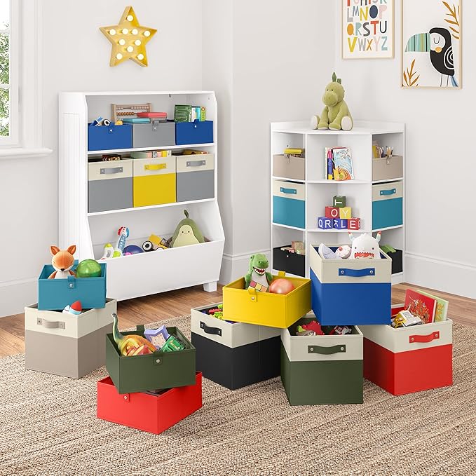 RiverRidge Kids 2pc Folding Storage Bins Set - 10.5” Bin Organizer with Handles - Olive Closet Organizer and Storage for Toys, Games, Shoes - Foldable Cube Storage Organizer Bins for Playroom, Nursery