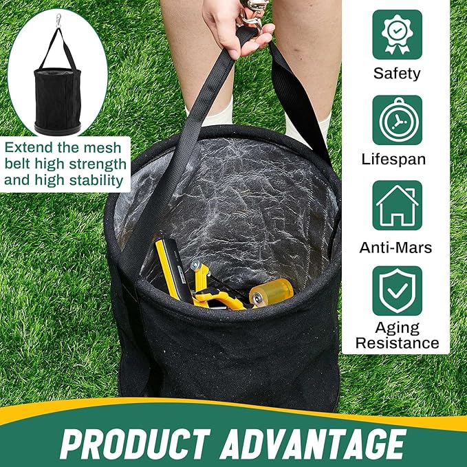 1 Pack Canvas Bucket 15" x 12" Heavy Duty Lineman Tool Bag with Plastic Bottom & Metal Hook Electrician Tool Organizer for Jobsite Use, Load Rated up to 150 Pounds (Black)