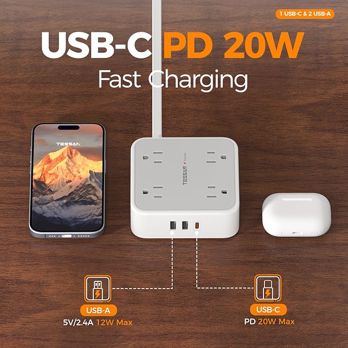 TESSAN Surge Protector Power Strip, 10 Ft Flat Plug Extension Cord with 3 USB (1 USB C 20W PD) 8 Outlets, 900J Protection, 3 Sided Outlet Extender with Power Switch for Office, Dorm Room, Grey