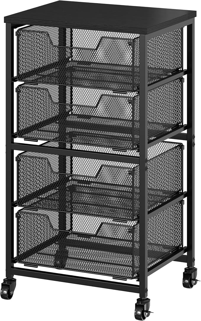 Rolling Cart with Drawers, Utility Storage Cart with Lockable Wheels, Metal snack cart, Under Desk Storage for Office, Kitchen, Craft, and Art Supplies, Black