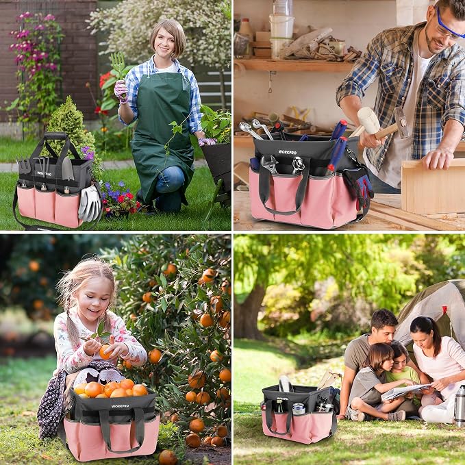 WORKPRO Garden Tool Bag, 10 Pockets and Shoulder Strap, Pink | Heavy Duty Gardening Organizer Tote Bag Standable Garden Home Tool Kits Organizer (Tools are not Included)