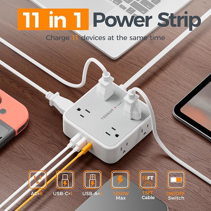 TESSAN Surge Protector Power Strip, 15 Ft Flat Plug Extension Cord with 3 USB (1 USB C 20W PD) 8 Outlets, 900J Protection, 3 Sided Outlet Extender with Power Switch for Office, Dorm Room, Grey