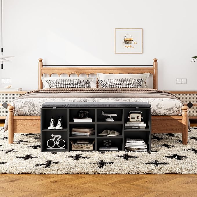 Shoe Storage Bench with Cushion, 41'' Long Entryway Bench with 10 Compartments Shoe Rack, Multifunctional Cubby Storage Organizer for Living Room, Hallway, Bedroom and Closet, Black